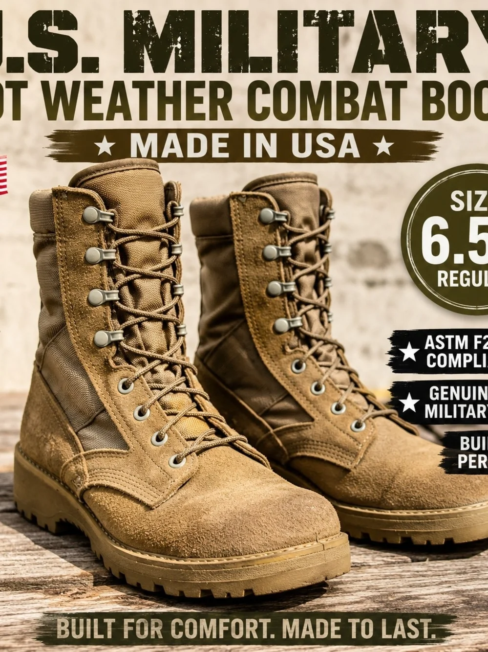 US Military Hot Weather Combat Boots Coyote Tan Suede Leather EH USA Size 6.5R